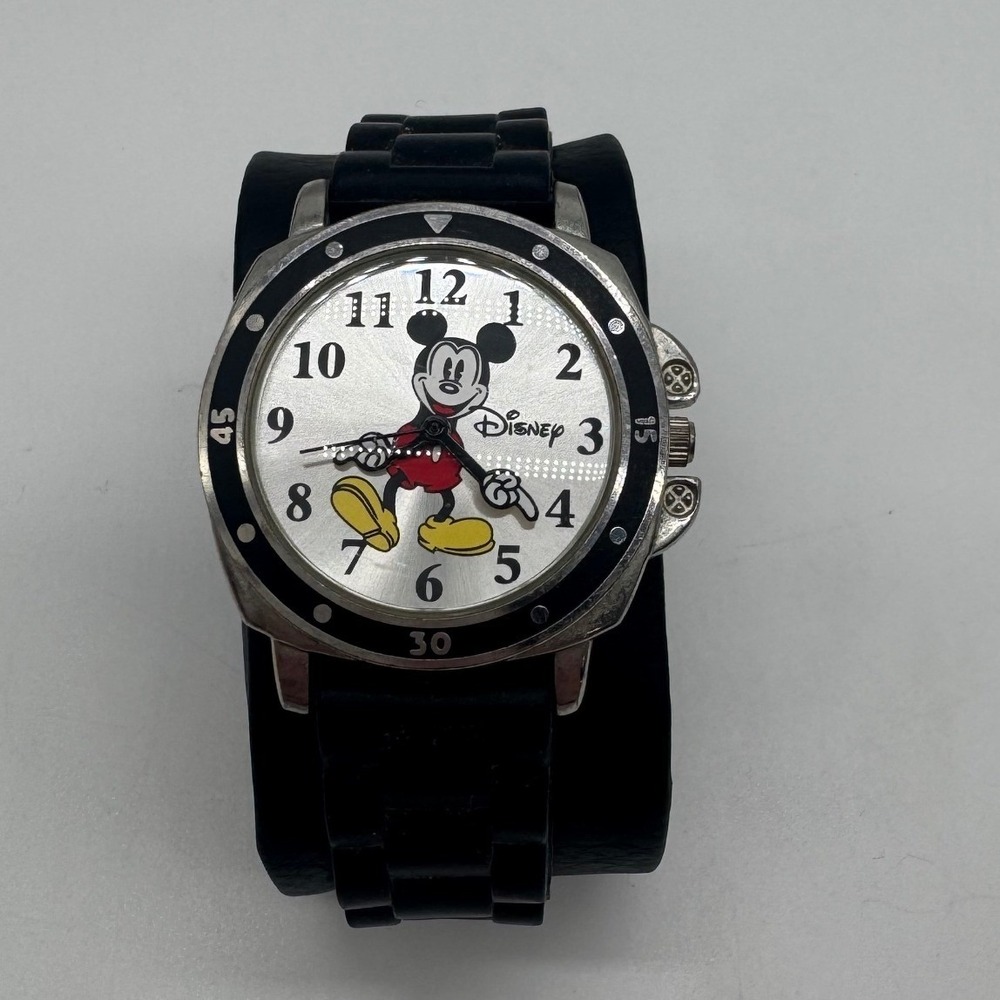 Disney Mickey Mouse Accutime Watch Corp MK1080 Silver Dial Black Rubber Strap